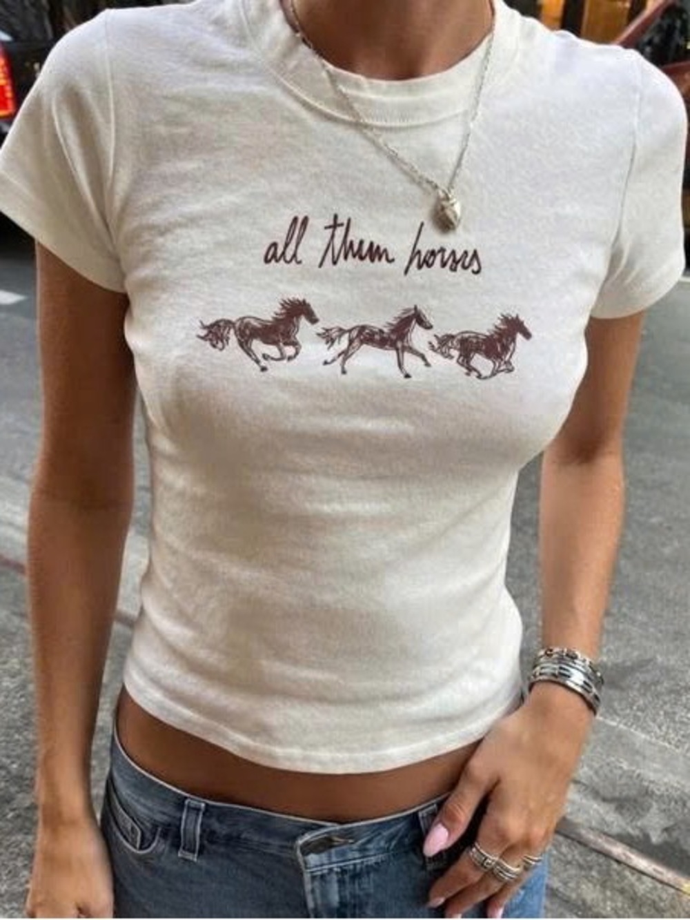 Crop Tee with Brown Horse Graphic